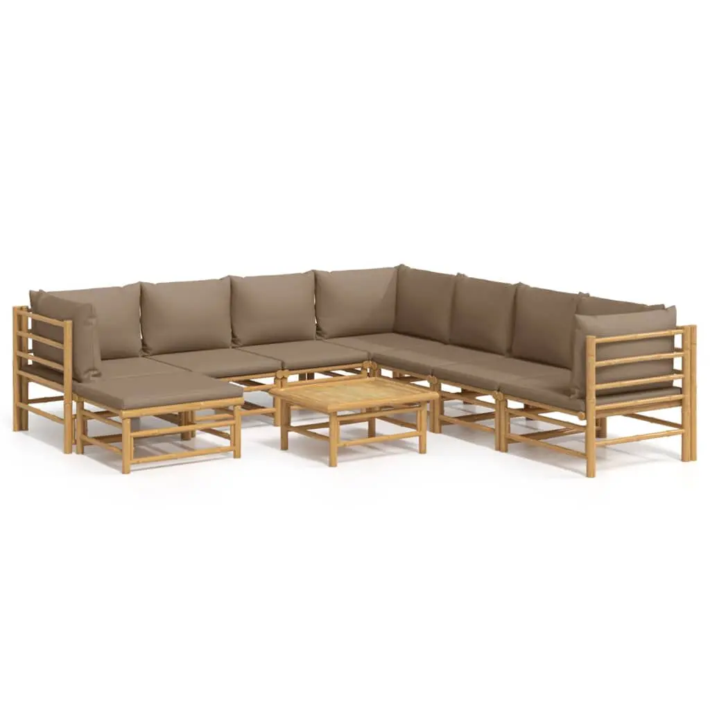 9 Piece Patio Lounge Set Taupe Cushions Bamboo Outdoor Furniture