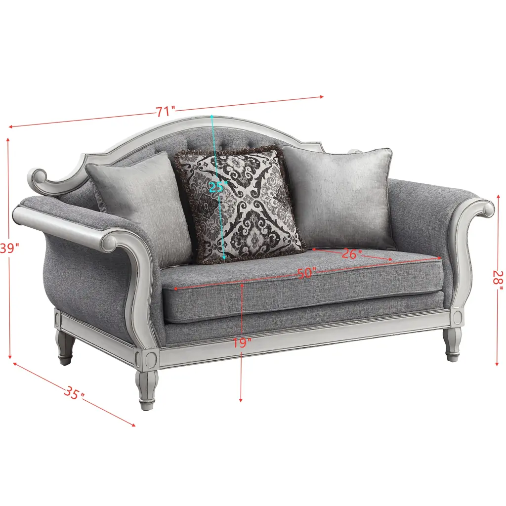 Florian Loveseat 3 Pillows Gray Material and Antique White Finish acme onsite store