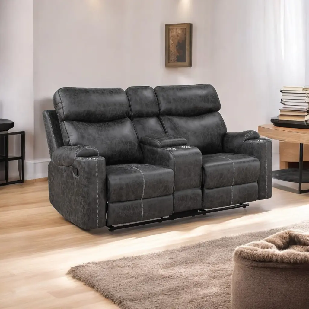 Hirah Motion Loveseat Console And USB Port Dark Gray Microfiber acme onsite store