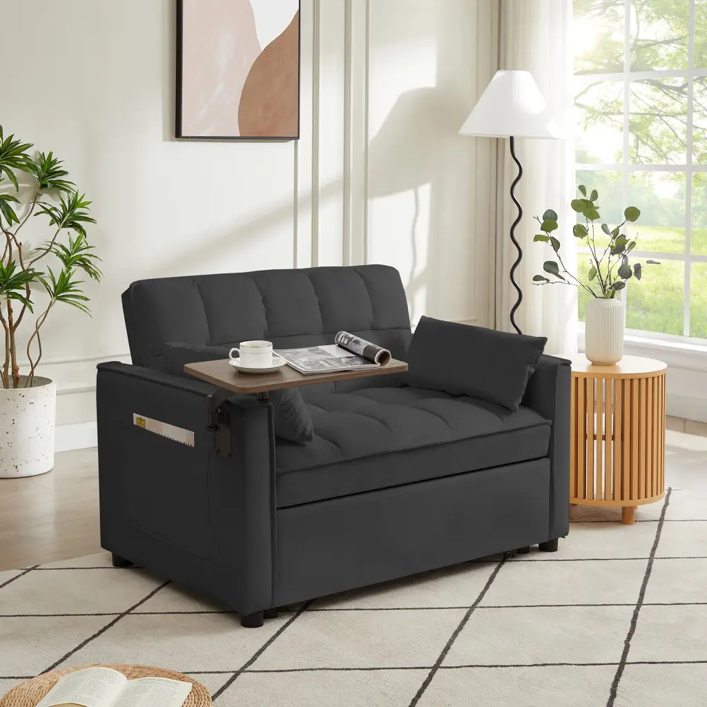 Black Velvet Loveseat Sofa Bed Tufted Back and Square Arms cy furniture