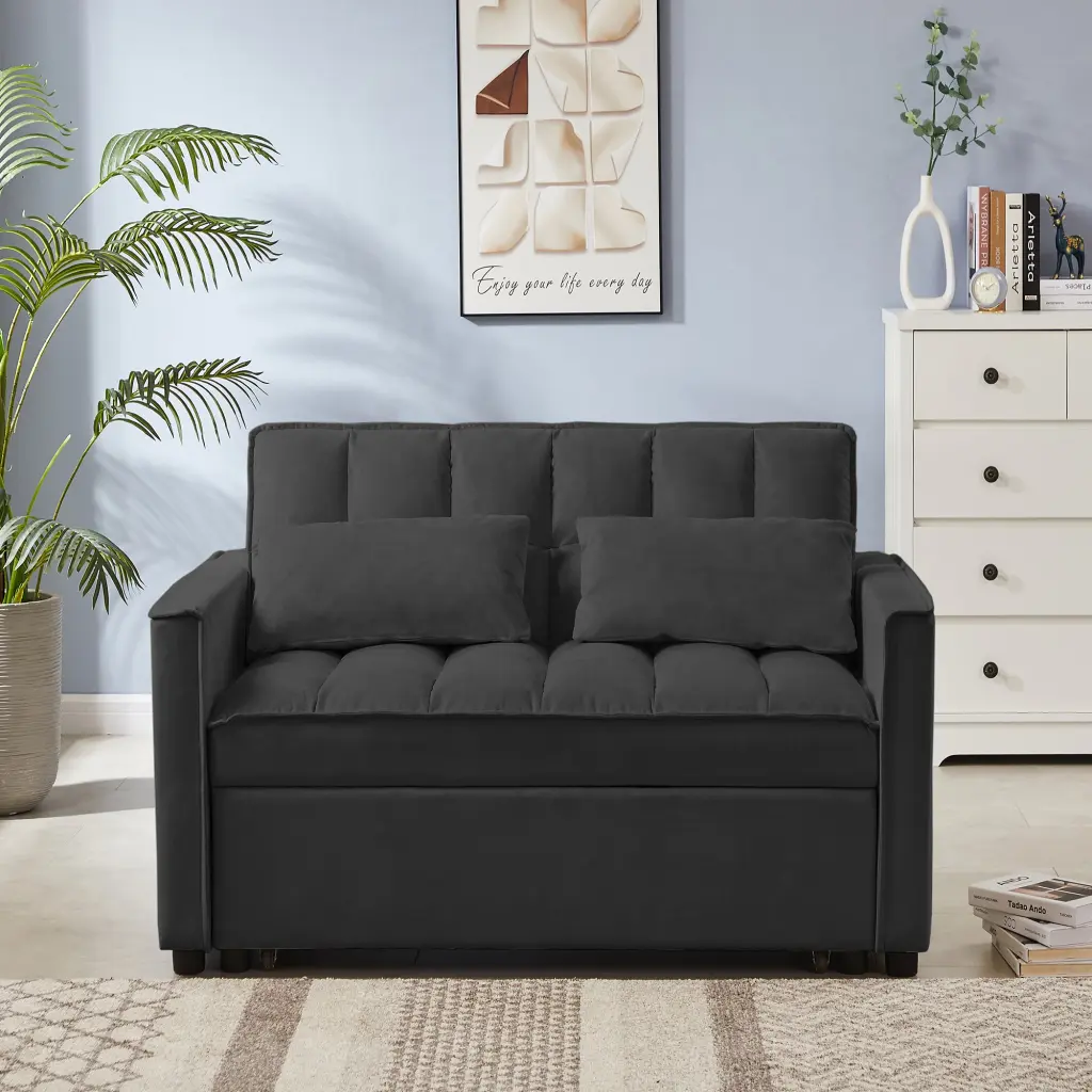 Black Velvet Loveseat Sofa Bed Tufted Back and Square Arms - Convertible Furniture cy furniture