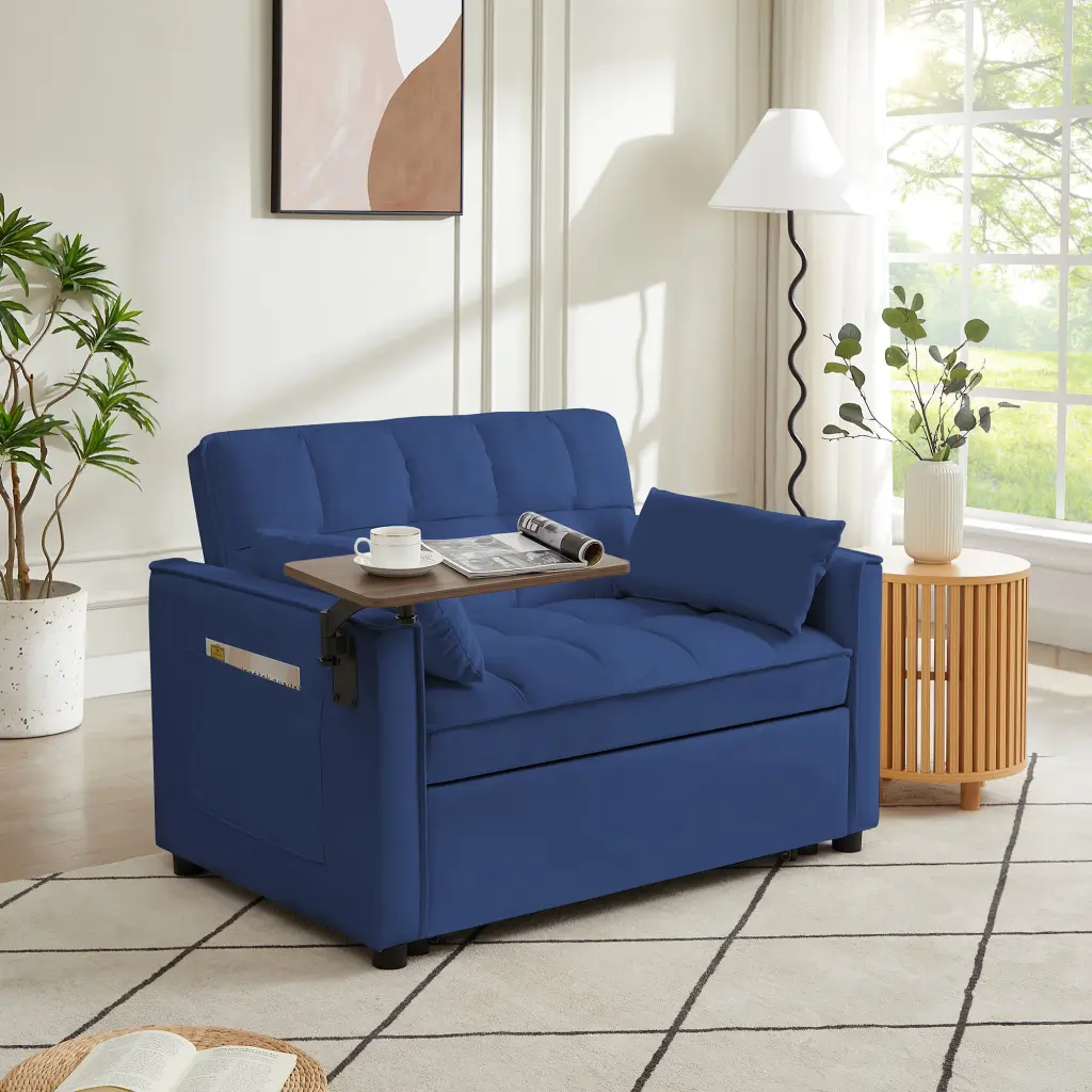 Blue Velvet Loveseat Sofa Bed Wood Tufted Back Square Arms Foam Upholstered Convertible cy furniture