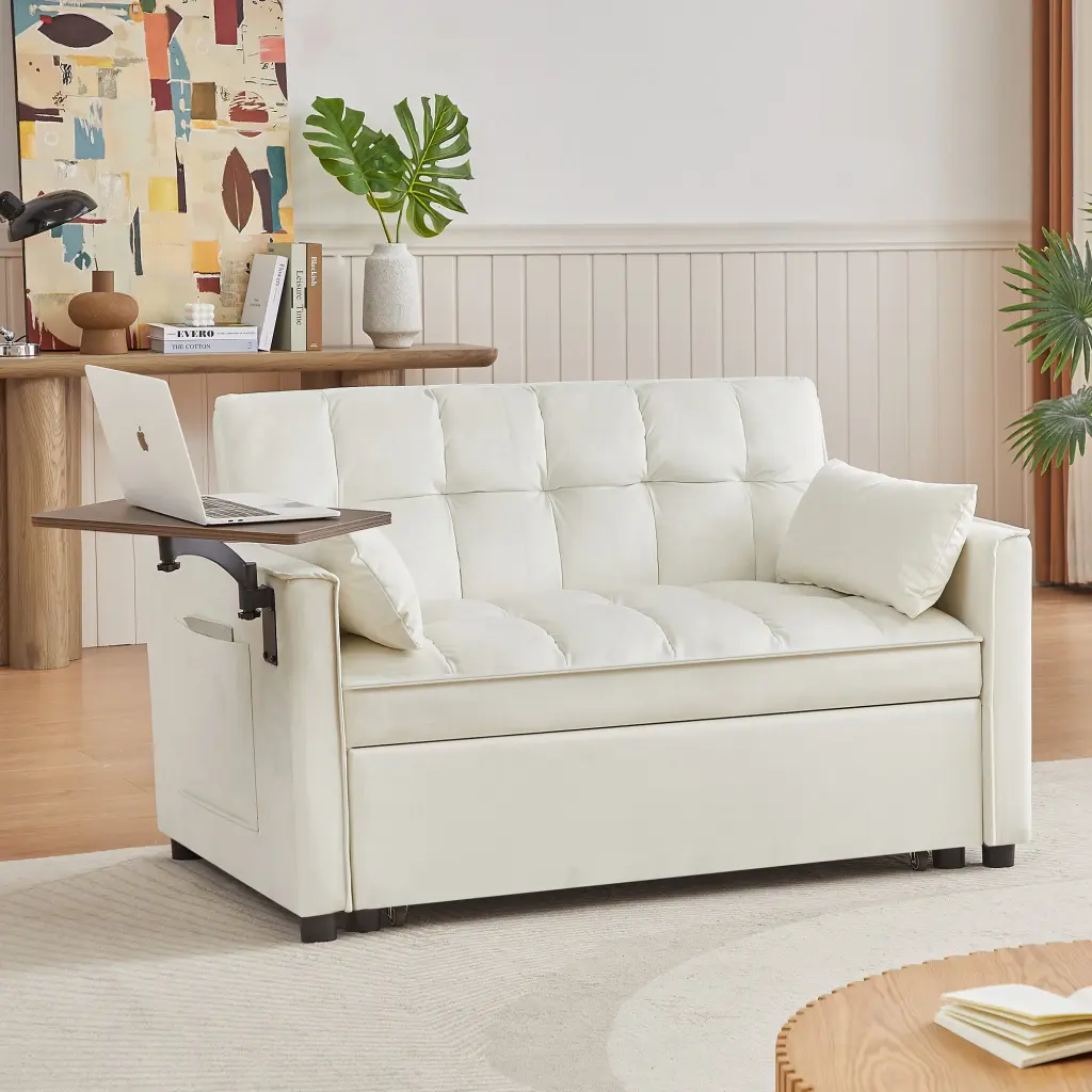 Cream White Velvet Loveseat Sofa Bed Cream White Timber Tufted Back Square cy furniture