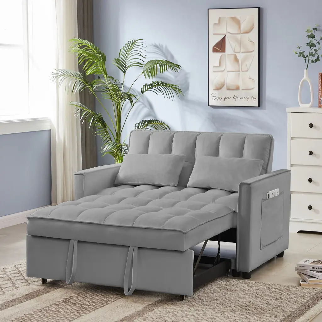 Grey Velvet Loveseat Sofa Bed 7cm Legs Tufted Back Square Arm cy furniture