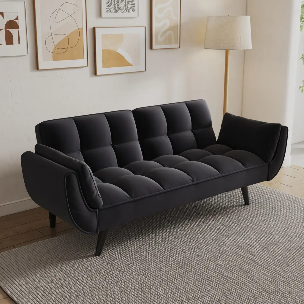 57" Black Sofa Soft Two Armrests Throw Pillow Cozy Fit Armchair fan chen furniture