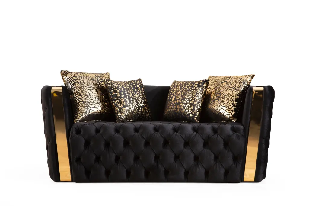 Naomi Button Tufted Loveseat Velvet Material And Gold Accent Black galaxy home furnishings