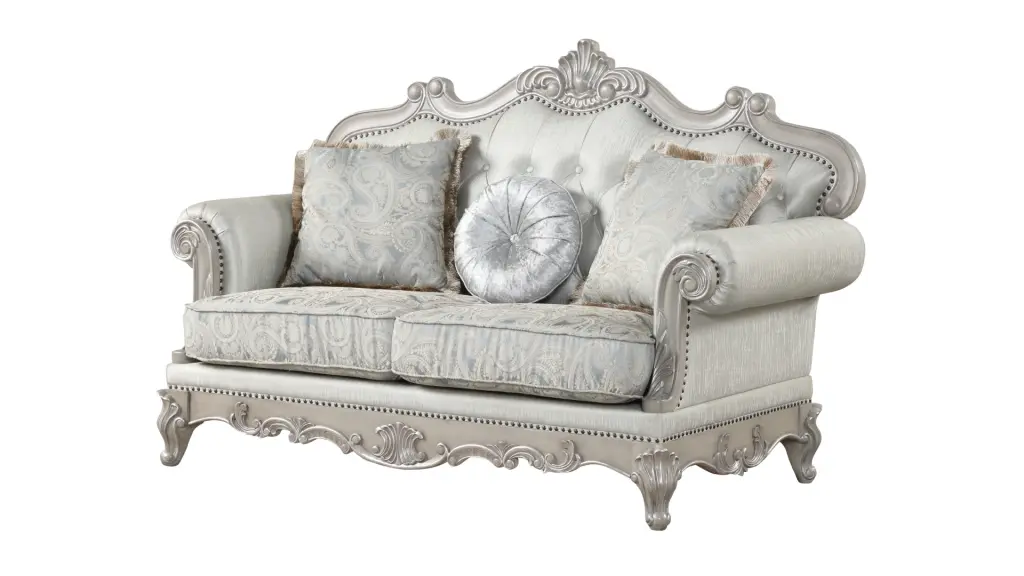 Tuscan Traditional Style Loveseat Shiny Metal Grey Timber Frame galaxy home furnishings