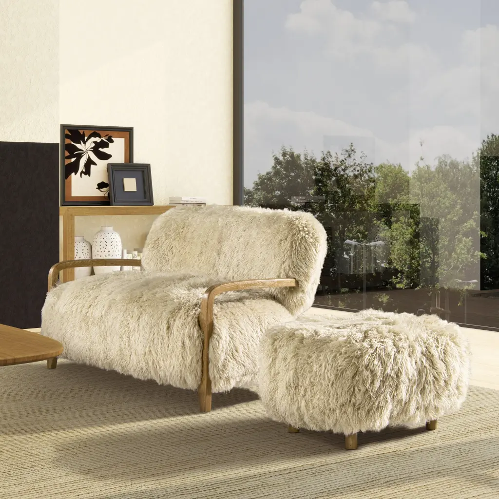 Enchante 52.5 Inch Zealand Sheepskin Accent Loveseat Taupe Natural Foam jennifer taylor home