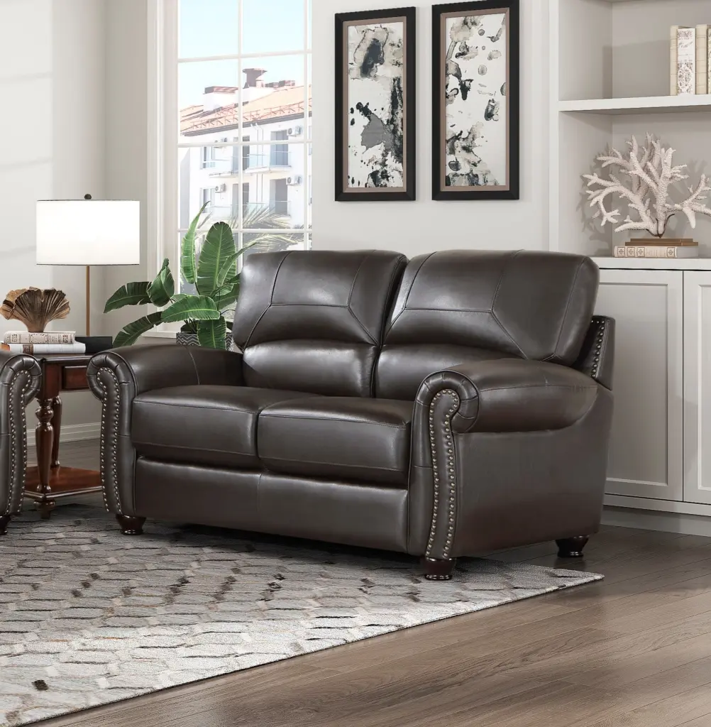 1 Piece Dark Brown Leather Loveseat Rolled Arms Trim Plush Comfort kanepe
