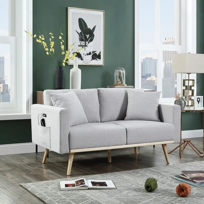 Easton 56.5 Inch Light Gray Linen Loveseat USB Charging Ports Modern Sofa lilola home