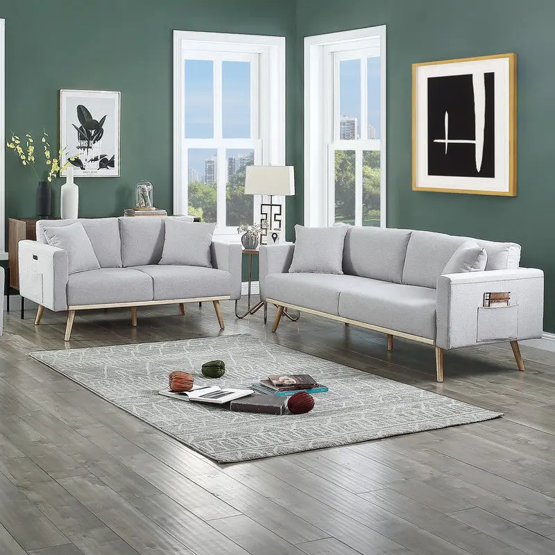Easton Light Gray Linen Fabric Sofa Loveseat Living Room Set USB lilola home