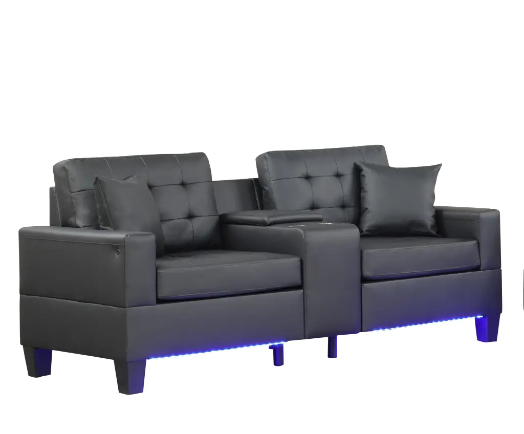 Genesis Black PVC Material Sofa Loveseat Living Room Set LED Lights lilola home