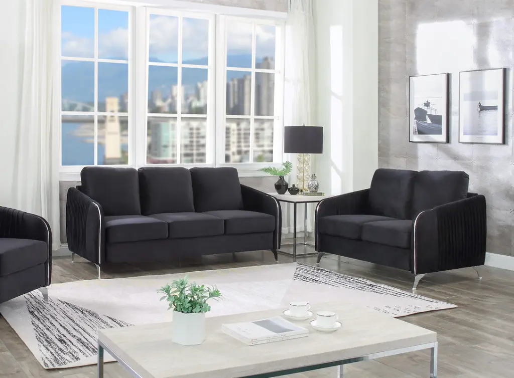 Hathaway Black Velvet Sofa Loveseat Living Room Set, Luxurious Comfort lilola home