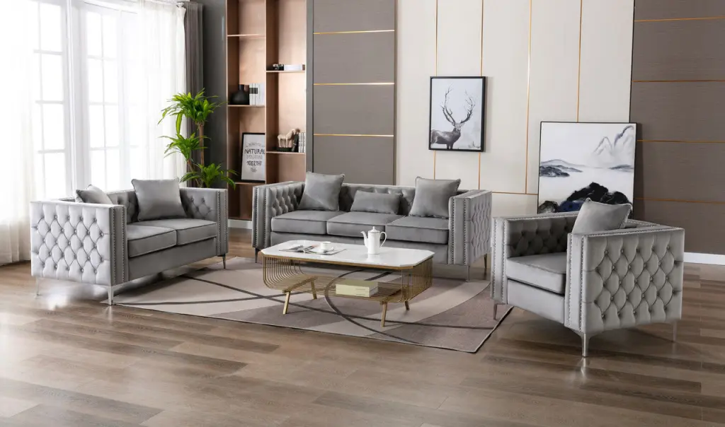 Lorreto Gray Velvet Sofa Loveseat Chair Living Room Set lilola home
