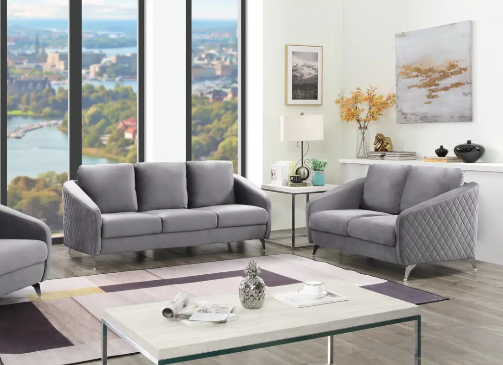Sofia Gray Velvet Material Sofa Loveseat Living Room Set Gray Velvet Modern Sofa lilola home