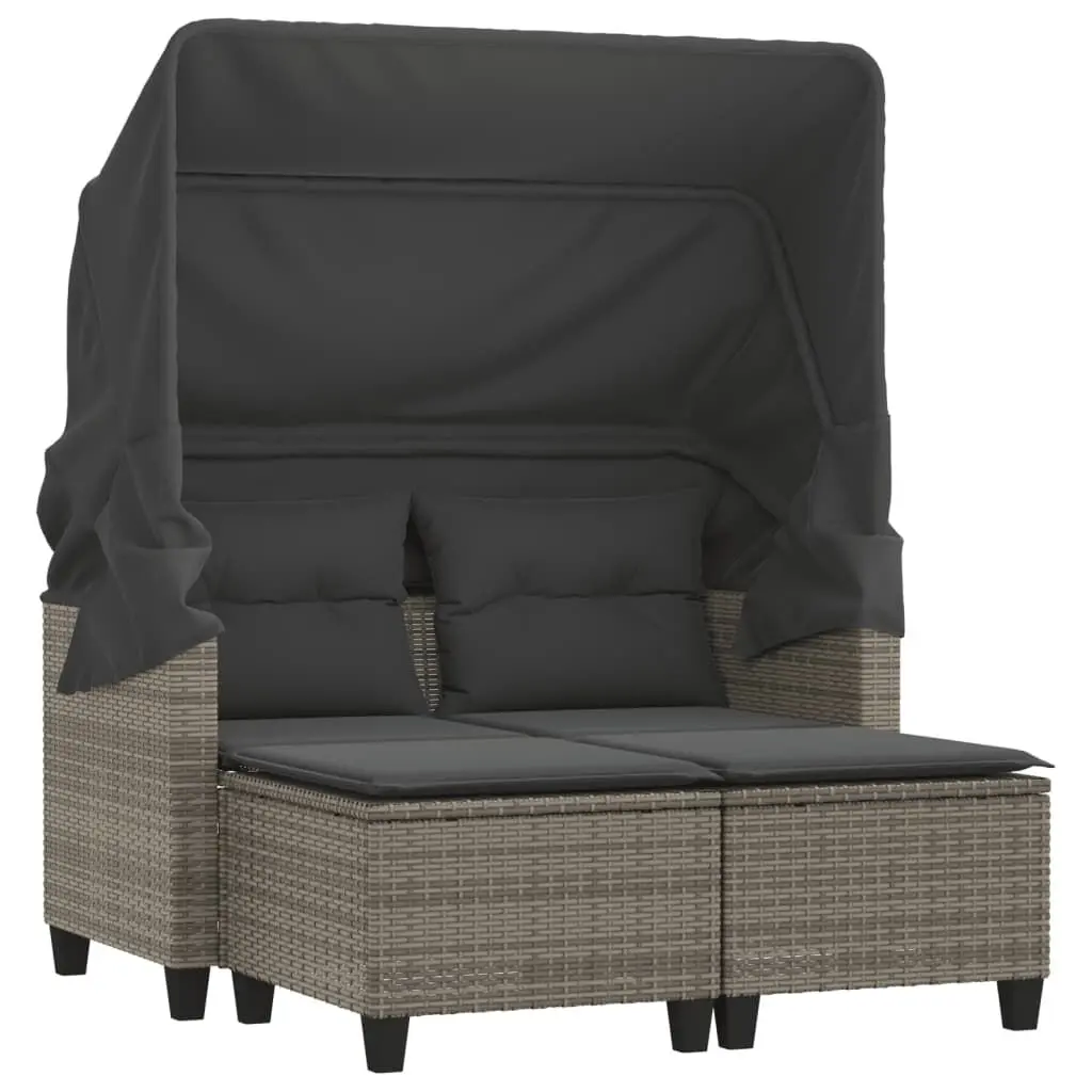 Patio Sofa 2-Seater Canopy and Stools Gray Poly Rattan Outdoor Lounge