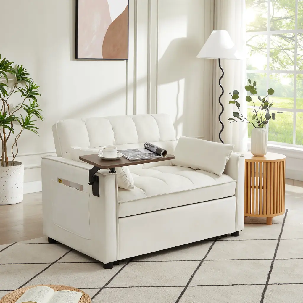 Cream White Velvet Loveseat Sofa Bed Tufted Back Square Arm Sofa rnb