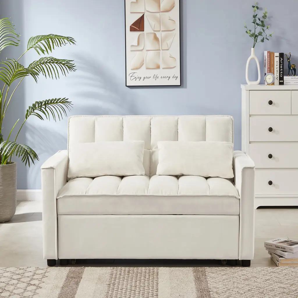 Off White Velvet Loveseat Sofa Bed Wood Tufted Back Square Arm Modern Furniture rnb