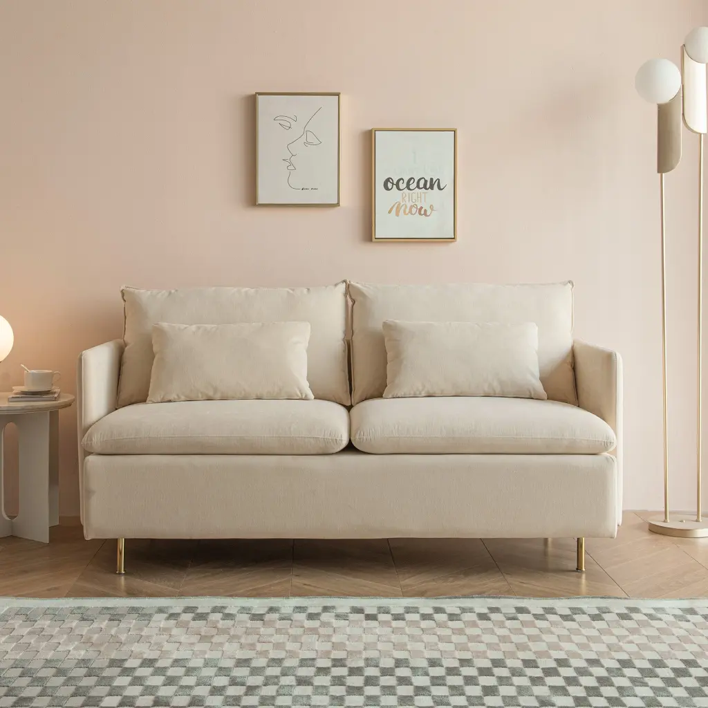 Modern Upholstered Loveseat Sofa Beige Cotton Linen 63.8 Inch Foam Couch Living Room senge