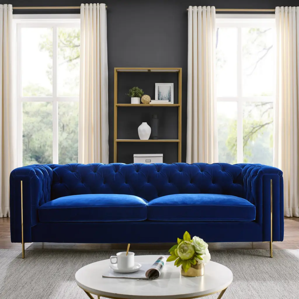 Charlene Velvet Button Tufted Sofa Blue 2 Seat Loveseat steve silver furniture