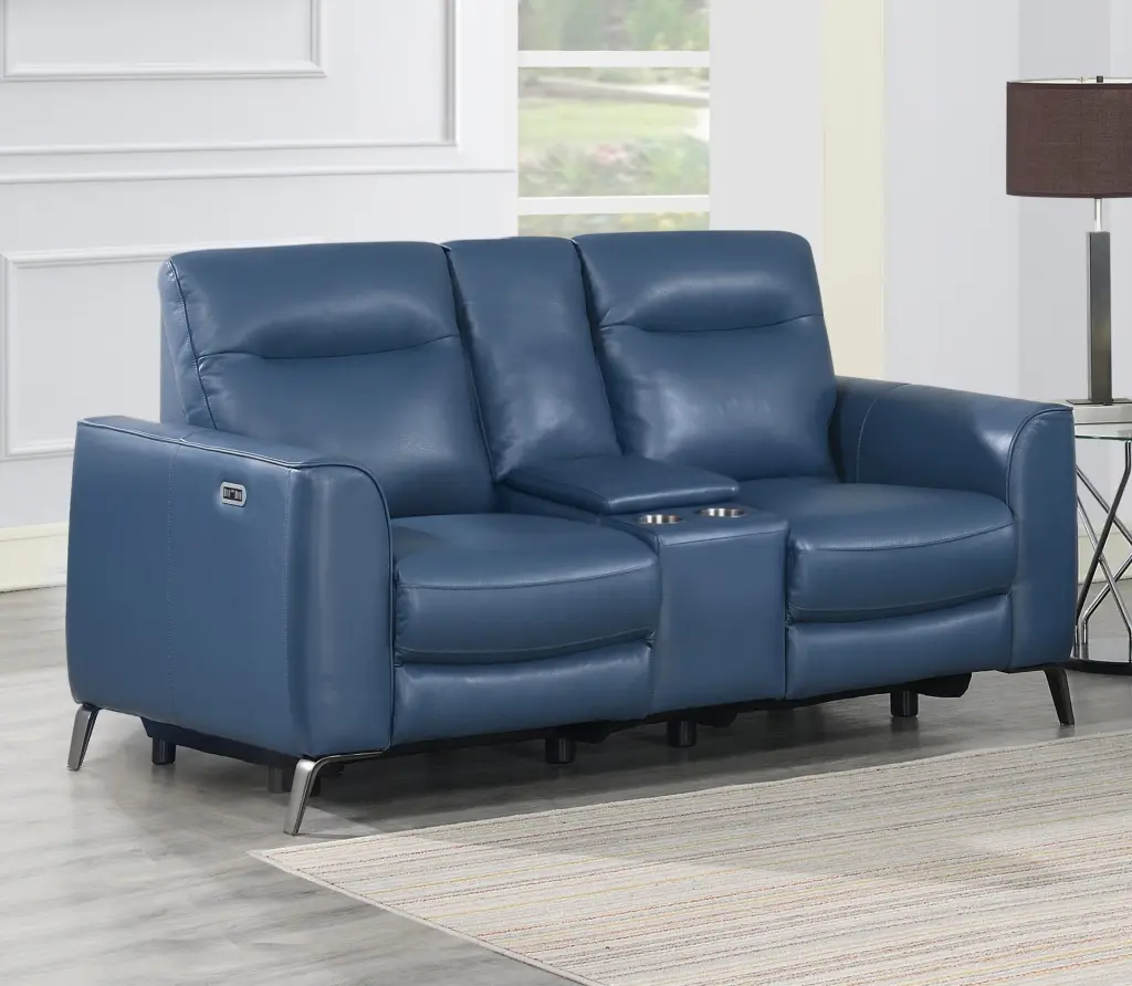 High Leg Console Loveseat Top Grain Leather Dual Power Ocean Blue steve silver furniture
