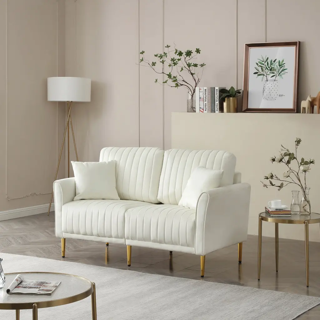 Cream White 2 Seater Loveseat Sofa Couch Pillows And Metal Legs Upholstered ui furniture