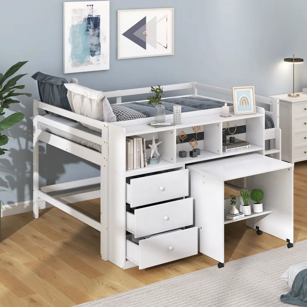 Full Low Loft Bed Rolling Desk, Drawers and Shelves wm store