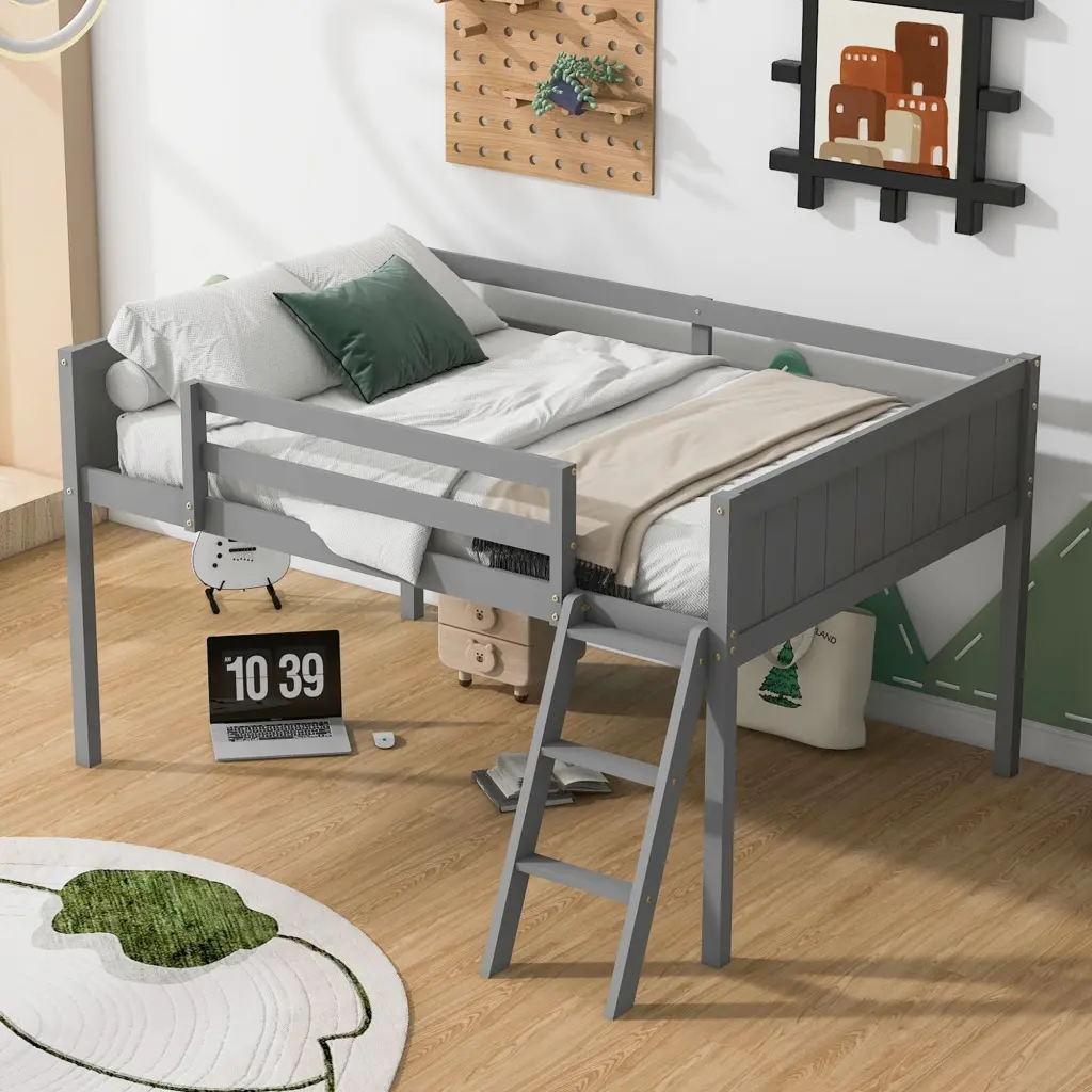 Full Size Wood Low Loft Bed Ladder wm store