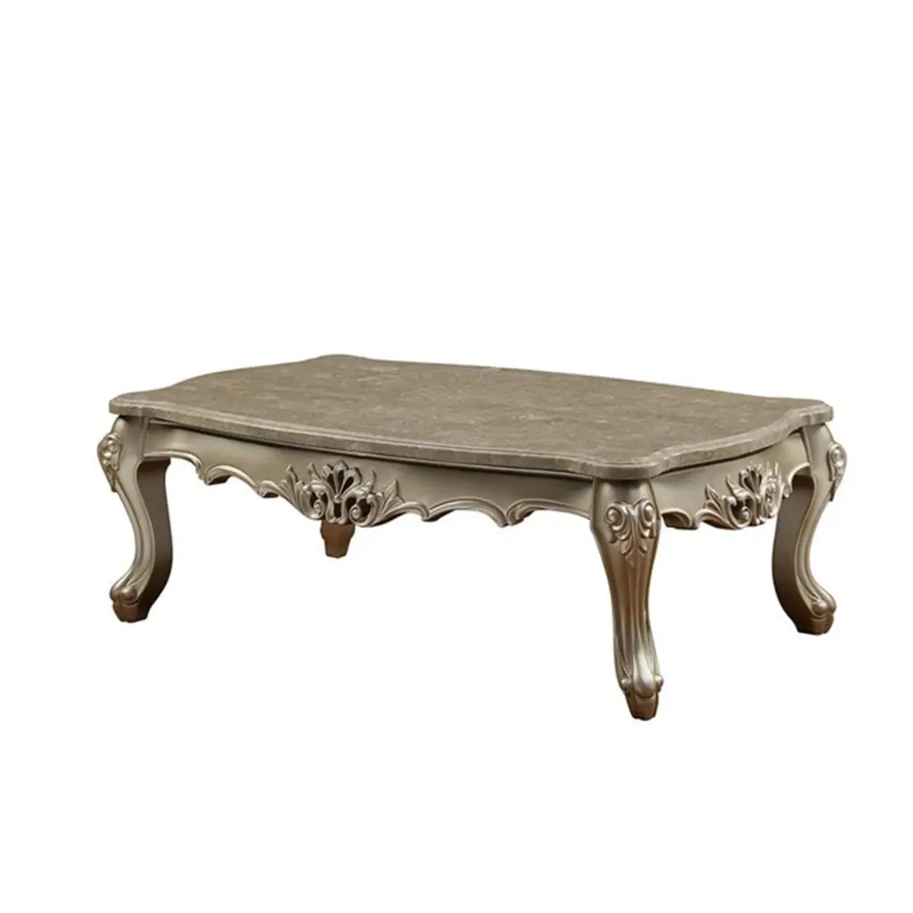Benzara Marble Top Wooden Coffee Table Queen Anne Style Legs Champagne Gold