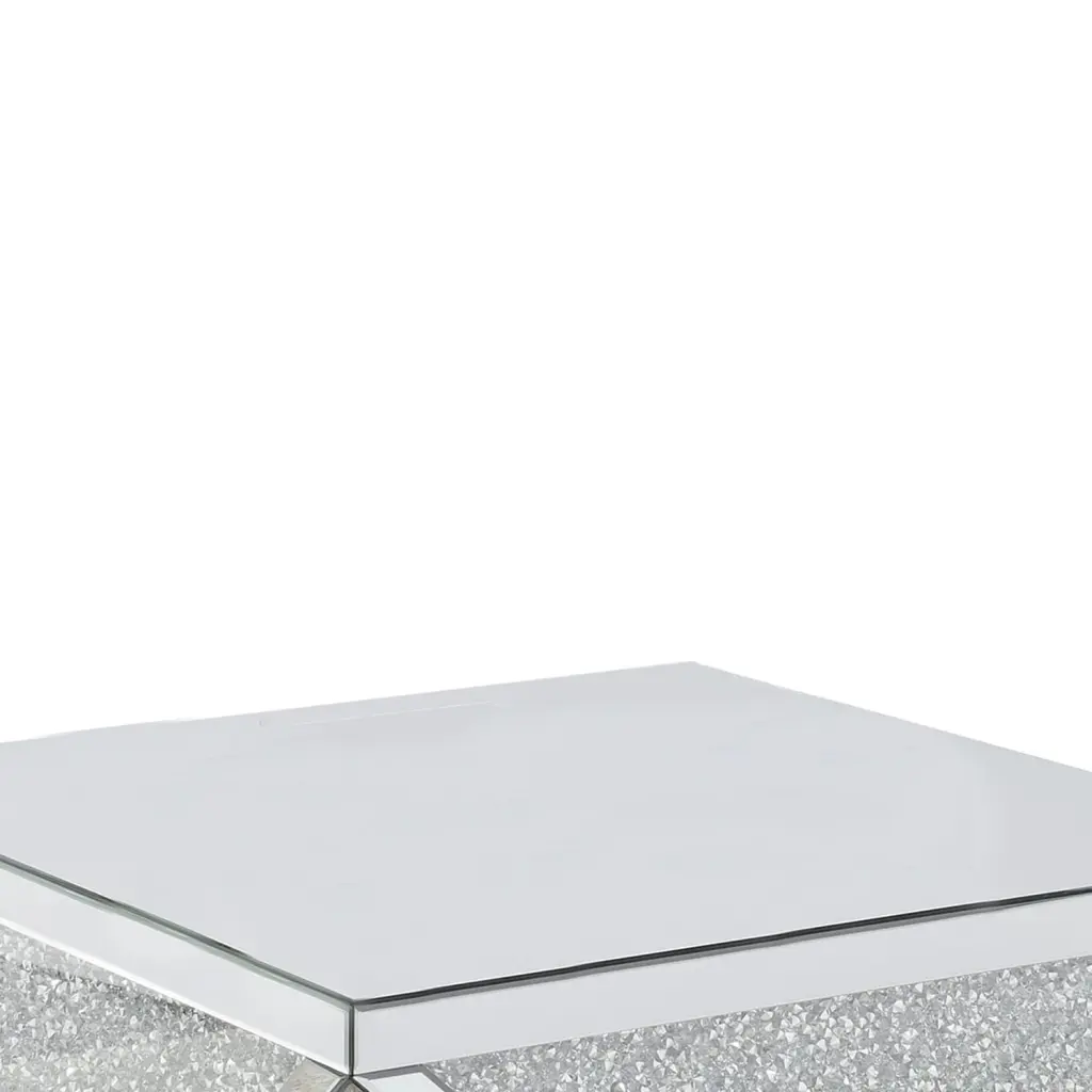 Benjara Diamond Shape Wood Mirror Coffee Table Crystal Inserts Silver Convenience Concepts