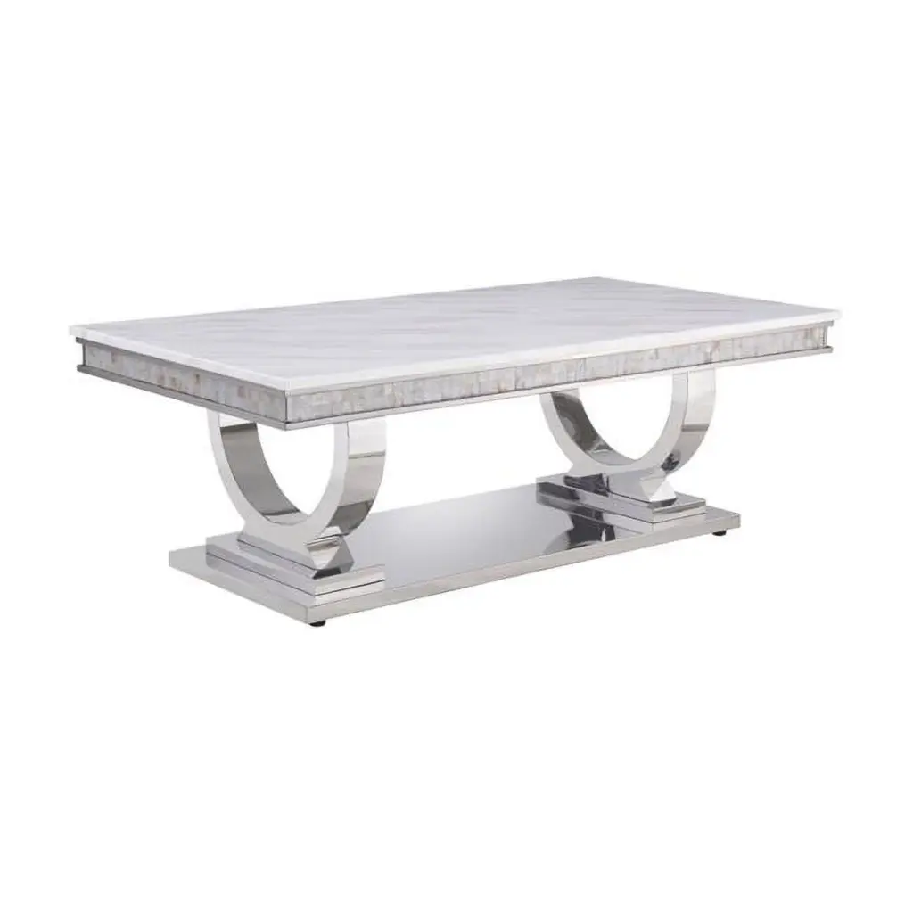 HomeRoots 490772 51 . Artificial Marble Mirrored Rectangular Coffee Table Silver White - Luxe Design
