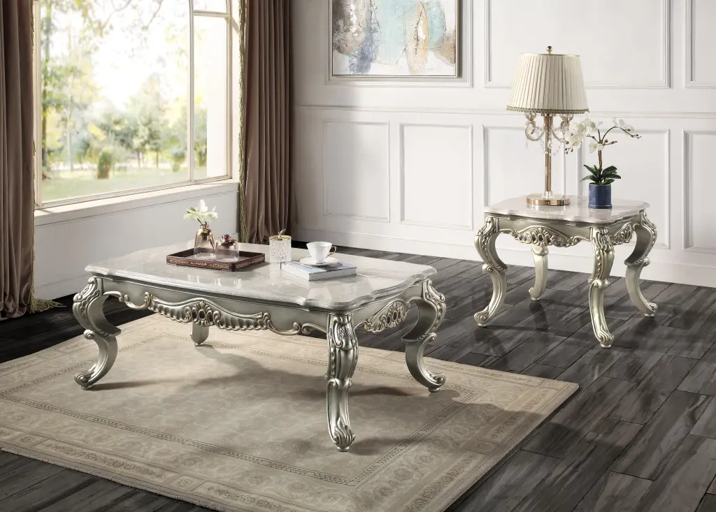 Miekor Furniture Miliani Coffee Table Natural Marble Top and Antique Bronze Finish