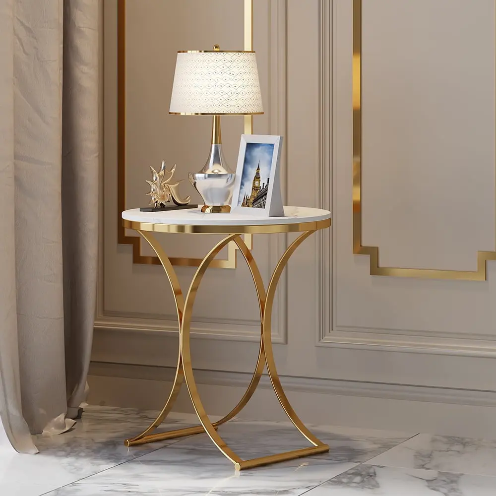 Homary Modern Luxurious Round White Marble Stone Side Table X-Base End Table Gold