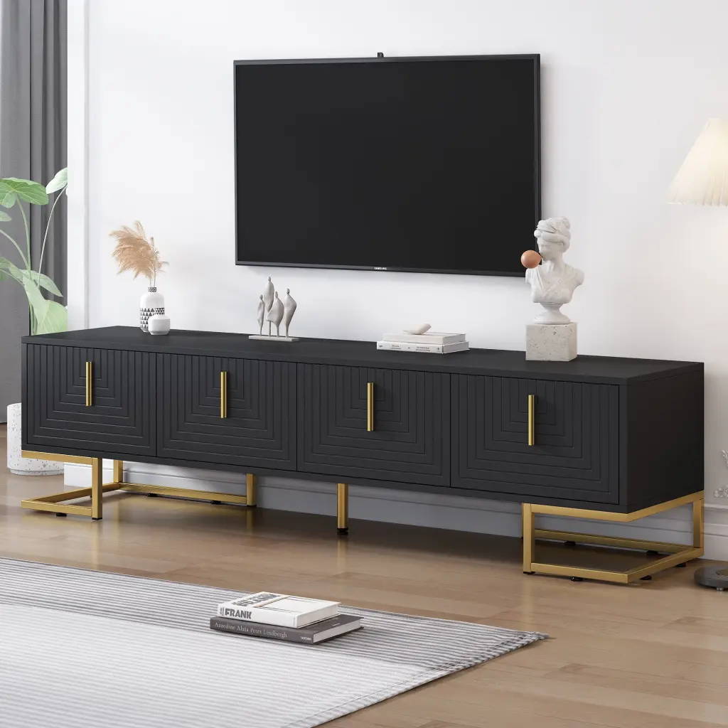 ON-TREND Modern TV Stand Metal Legs Gold Handles 80 Inch TVs Luxury Media Console Black OMCCHK