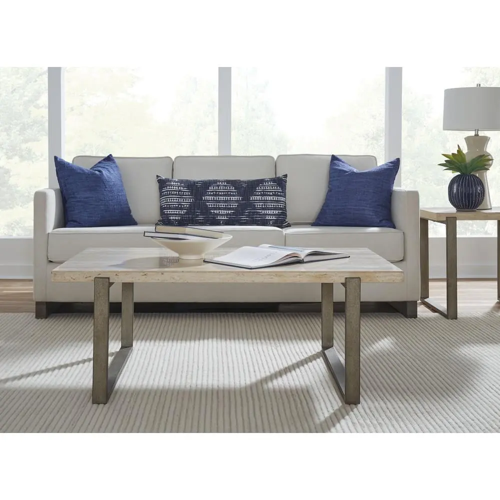 Modus Furniture Ariela Natural Travertine Coffee Table Bronze Metal Base
