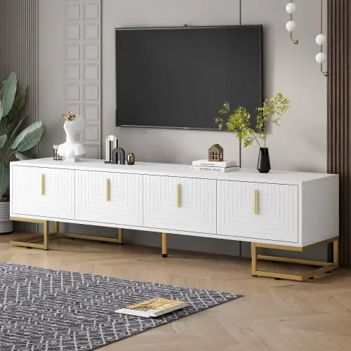 Wohh Modern White TV Stand Metal Legs and Gold Handles TVs Up to 80 Inches, Luxury Media Console Table Adjustable Shelves