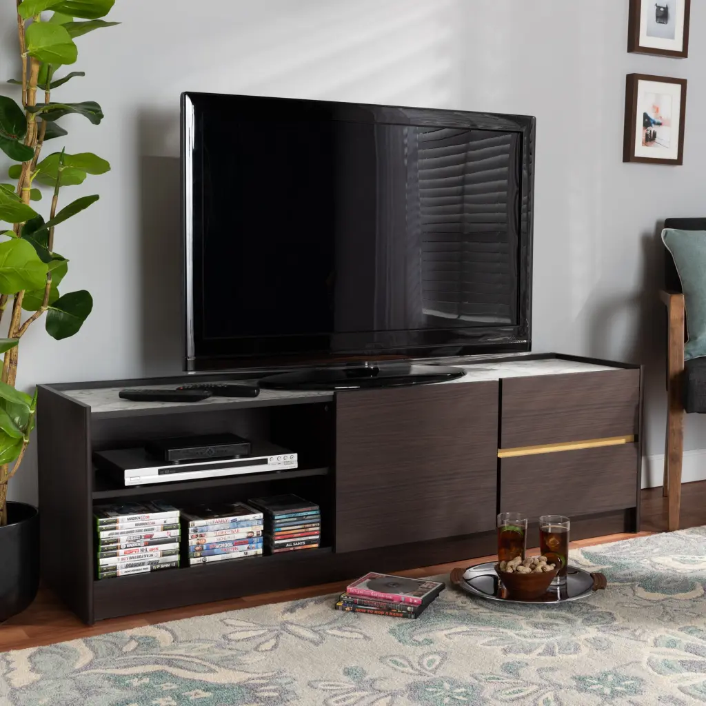 Baxton Studio Walker Modern Dark Brown and Gold Finished Wood TV Stand Faux Marble Top