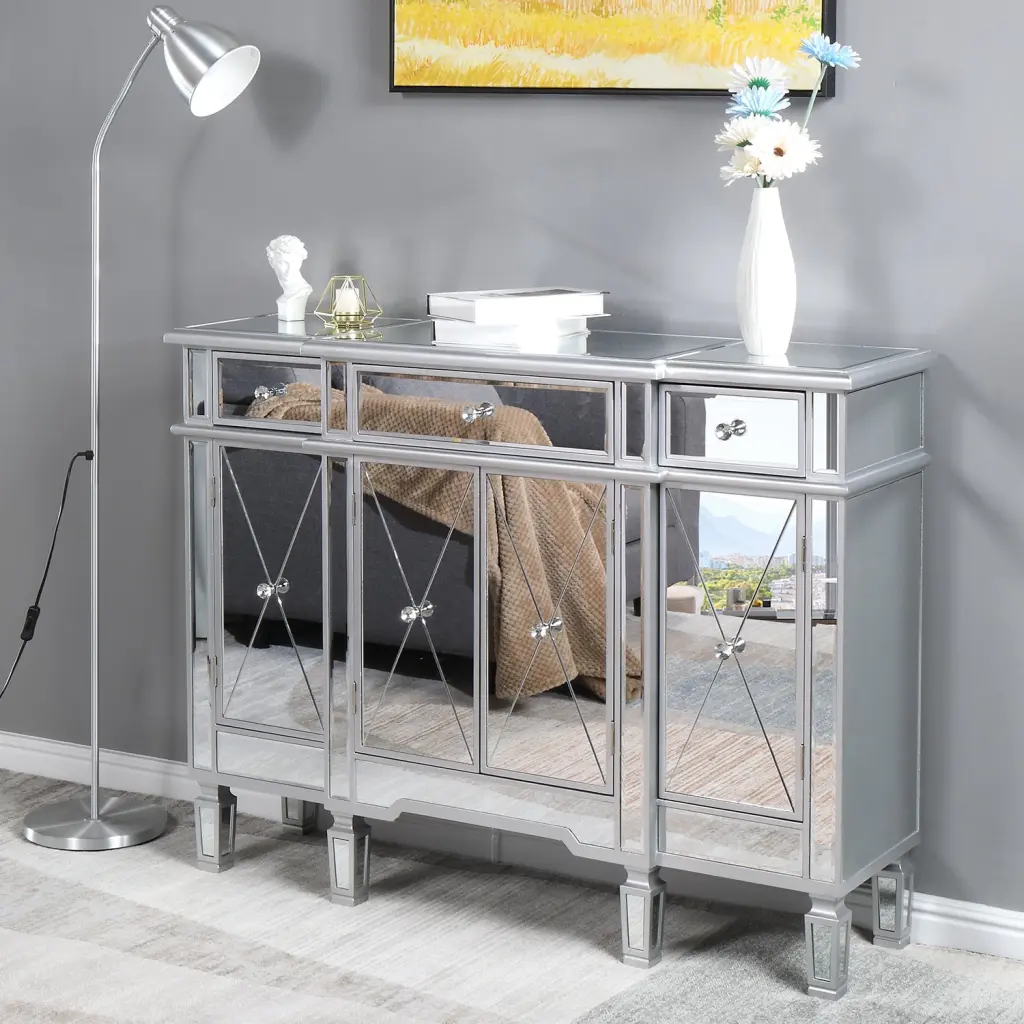 SalonMore 48 Inch TV Stand Mirrored Glass Media Console Drawers and Shelves Silver FCH