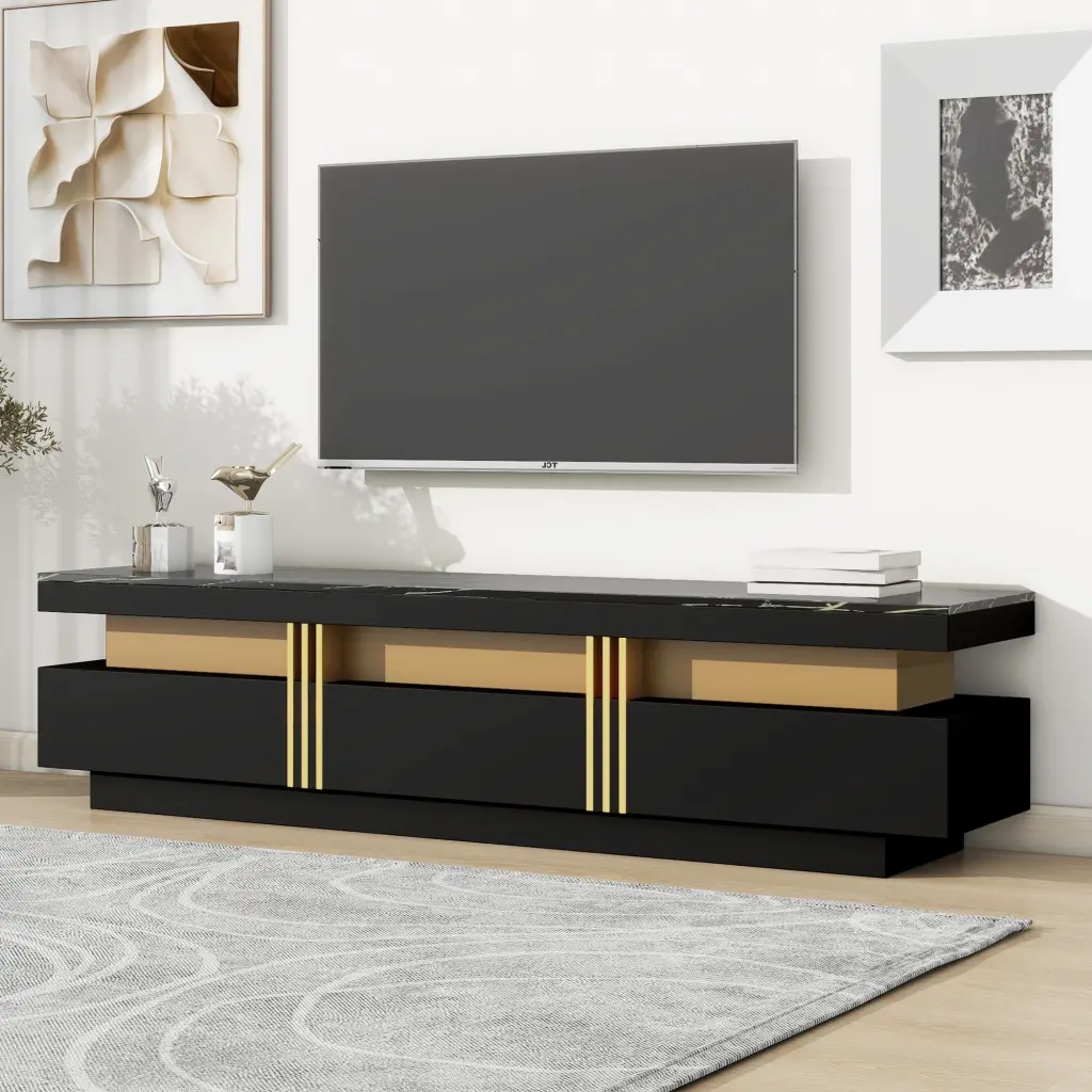 MISSUNNY Luxury Black TV Stand Faux Marble Top 78 Inch TVs - Golden Panel Design 3 Drawers