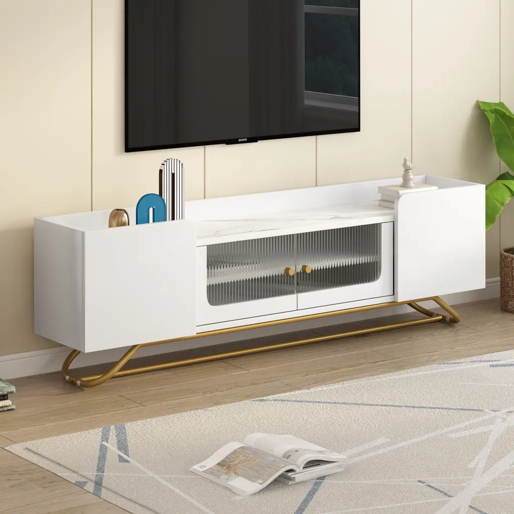 Contemporary TV Stand Fluted Glass and Faux Marble Top Gold Frame Base 70 Inch TVs OMCCHK