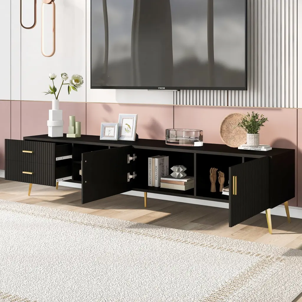 U-Can Modern TV Stand 5 Champagne Legs Spacious Storage 77 Inch TVs Black Stylish Entertainment Center OMCCHK