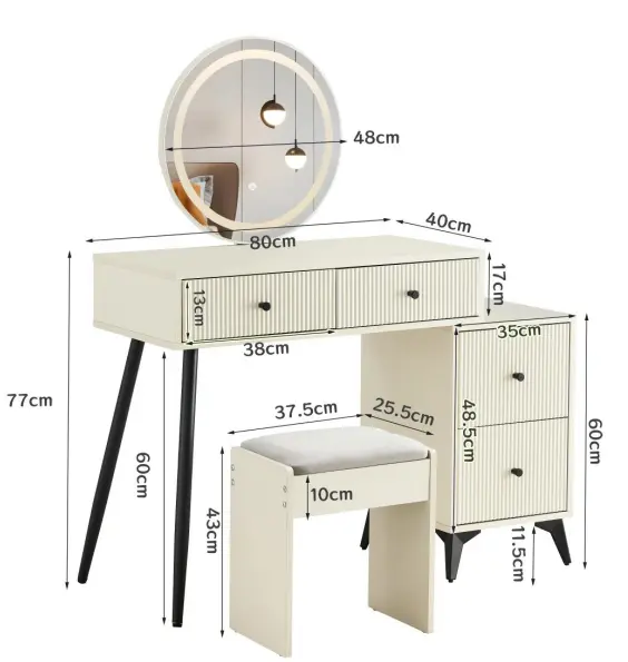 Fluted Makeup Vanity Desk Round LED Mirror And Lights Modern Glass Top d-n furniture