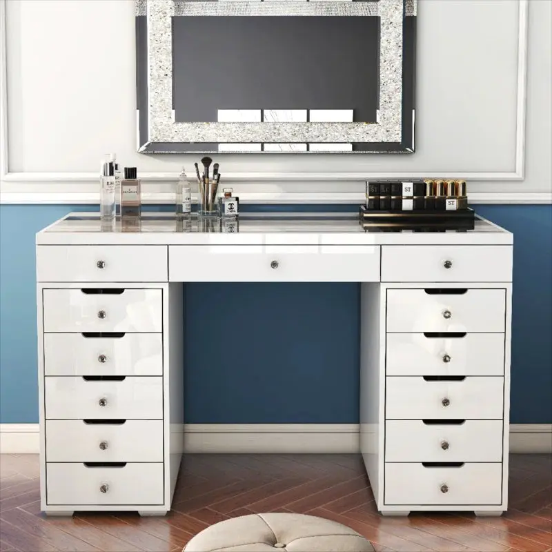High Gloss White Makeup Vanity 13 Drawers and 5 Drawers Ample Storage glam furniture