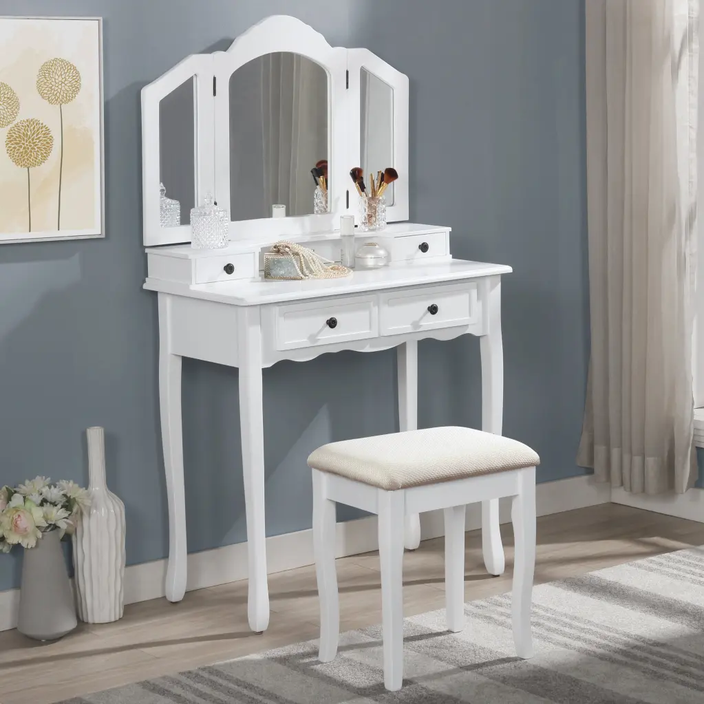 Sanlo Wooden Vanity Make Up Table And Stool Set, White White Wood hz