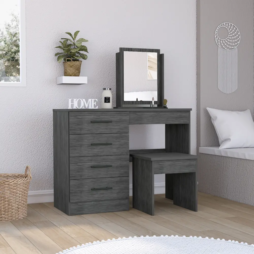 Kaia Makeup Vanity Four Drawers Mirror and Stool Smokey Oak Gray rta mubles colombia