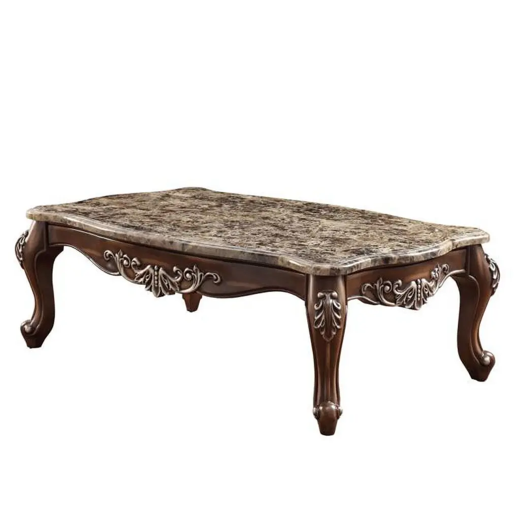 HomeRoots 57 Inch Antique Oak Brown Marble Rectangular Coffee Table