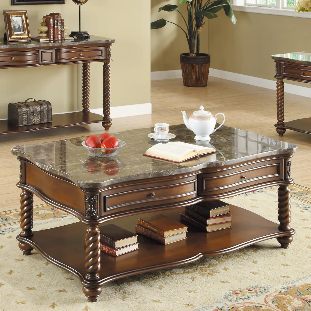 Traditional Marble Top Cocktail Table 2 Drawers and Lower Shelf kanepe