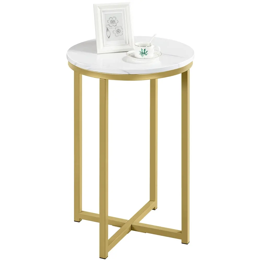 Easyfashion X-Based Faux Marble Side Table White and Gold