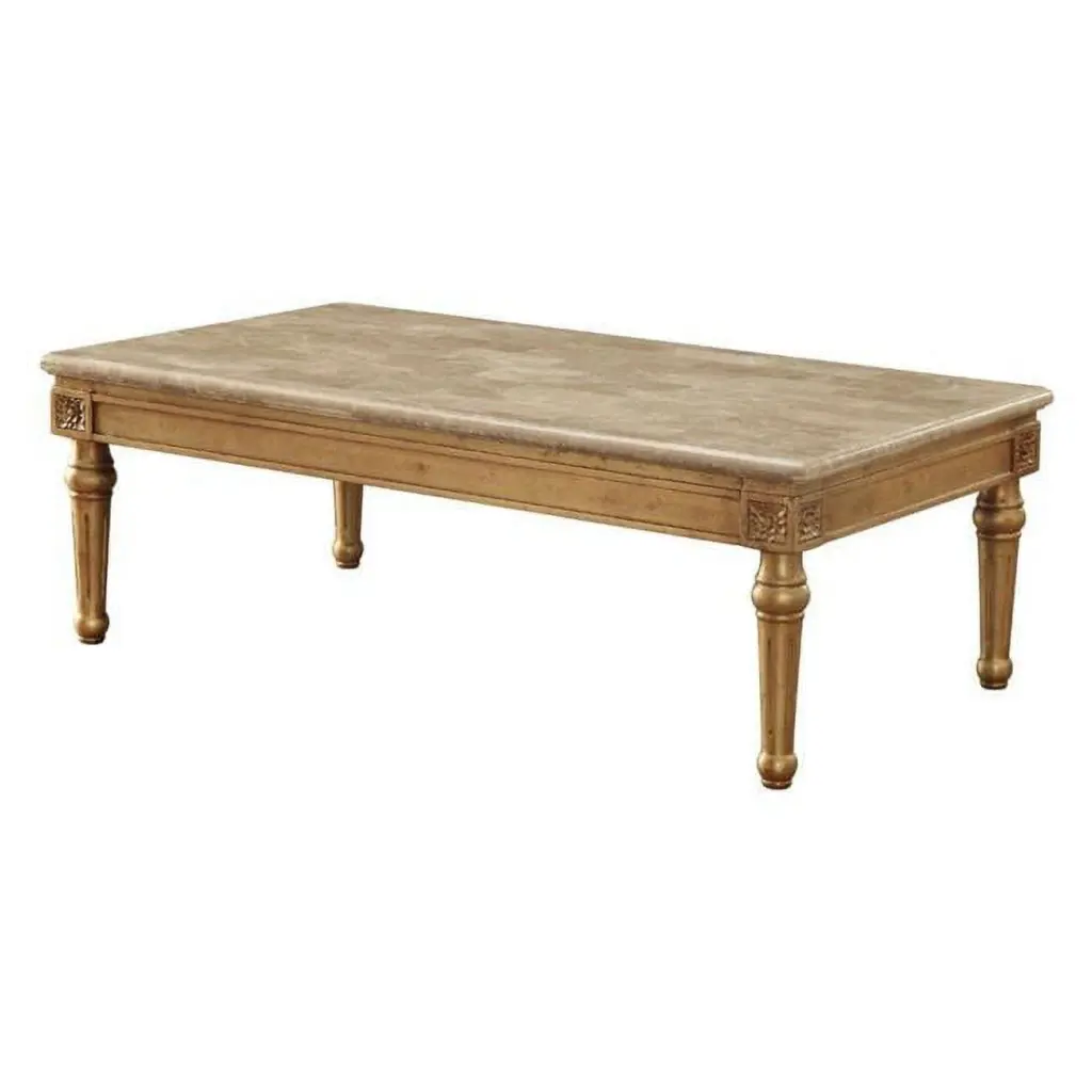 Benjara 32 Inch Traditional Solid Wood and Marble Coffee Table Gold Convenience Concepts