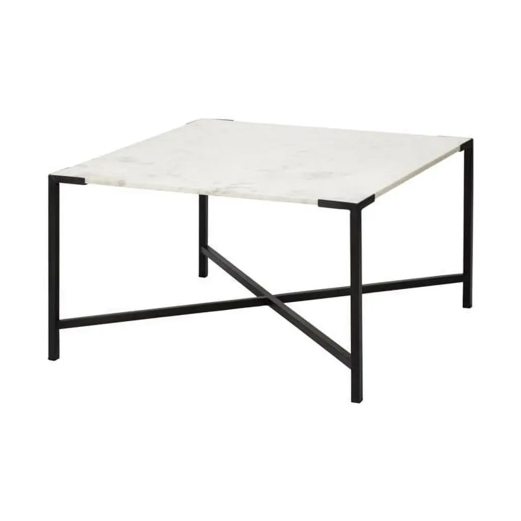 Square White Marble Top Black Metal Base Coffee Table - Modern Living Room Furniture Fancy Fixtures